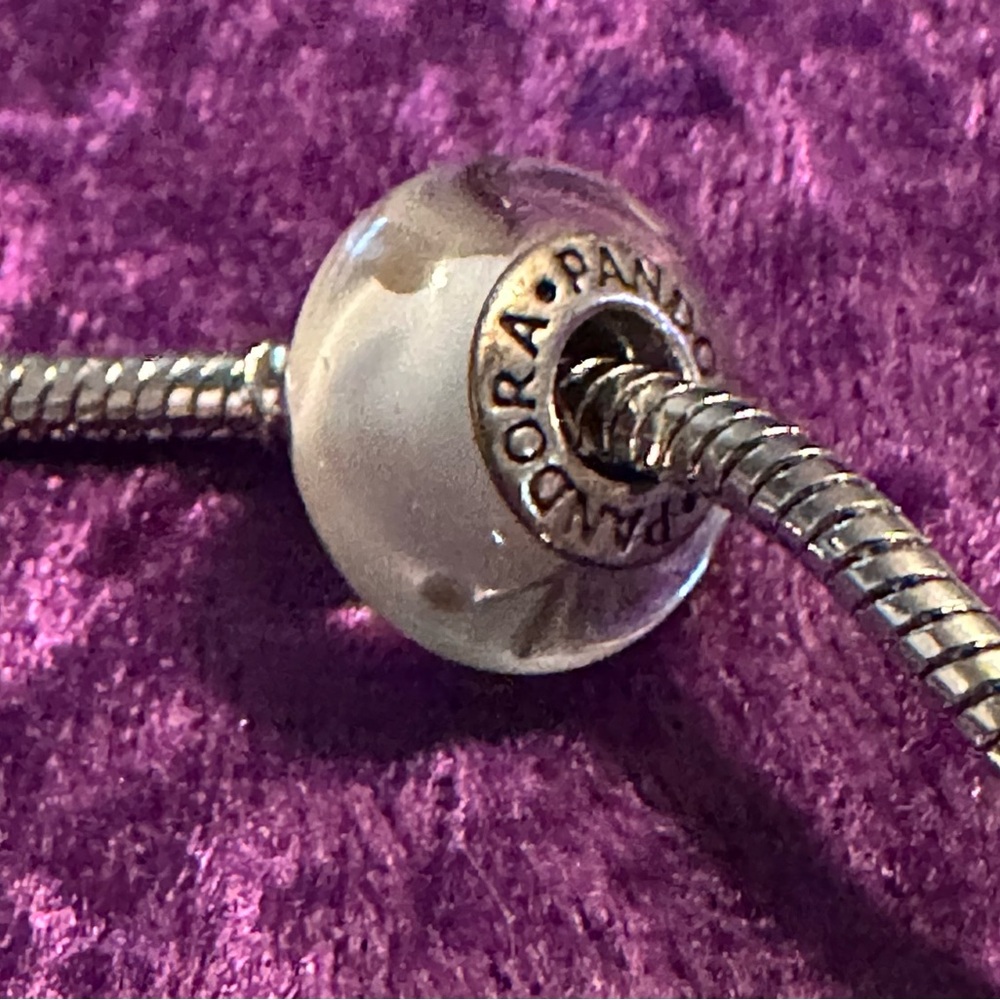 Authentic Sterling Silver Pandora White with Grey Polka dots glass Murano